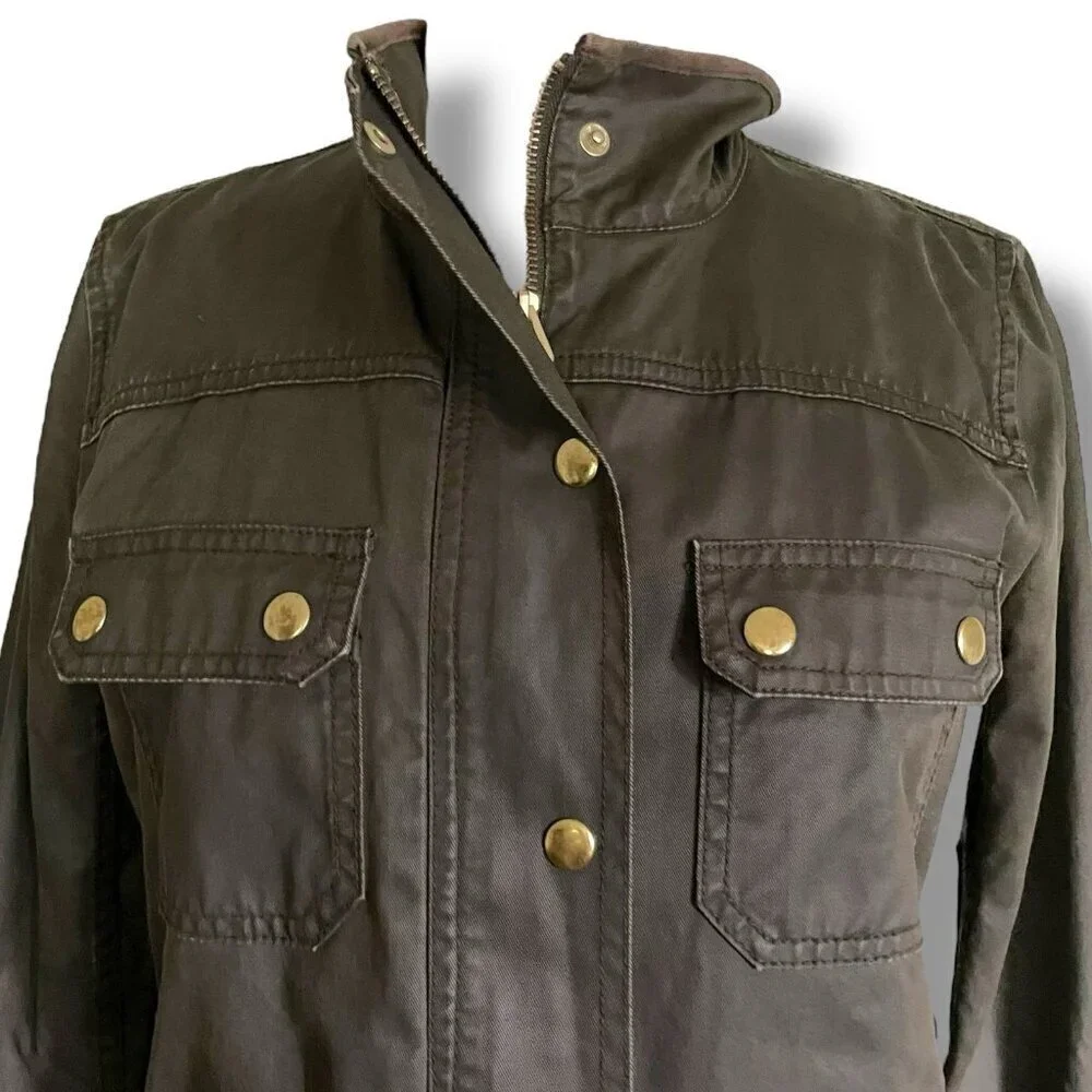J Crew Womens Downtown Field Jacket Sz Small Olive Green Waxed Cotton Military